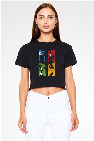Cowboy Bebop Baskılı Siyah Crop Top Kadın Tişört - Tshirt