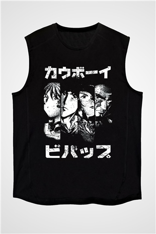 Cowboy Bebop Baskılı Unisex Siyah Kolsuz Tişört - Tshirt