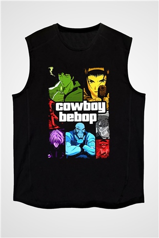 Cowboy Bebop Baskılı Unisex Siyah Kolsuz Tişört - Tshirt