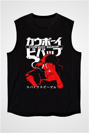 Cowboy Bebop Baskılı Unisex Siyah Kolsuz Tişört - Tshirt