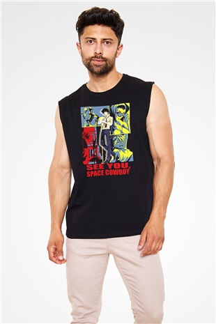 Cowboy Bebop Baskılı Unisex Siyah Kolsuz Tişört - Tshirt
