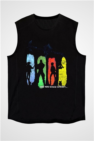 Cowboy Bebop Baskılı Unisex Siyah Kolsuz Tişört - Tshirt