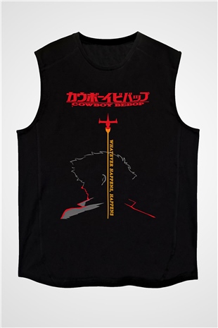 Cowboy Bebop Baskılı Unisex Siyah Kolsuz Tişört - Tshirt