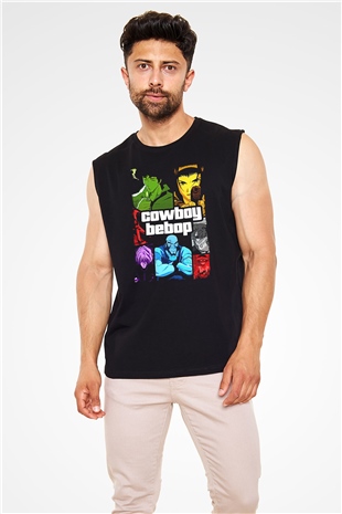 Cowboy Bebop Baskılı Unisex Siyah Kolsuz Tişört - Tshirt