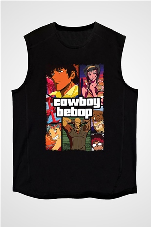 Cowboy Bebop Baskılı Unisex Siyah Kolsuz Tişört - Tshirt