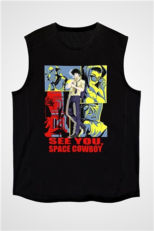 Cowboy Bebop Baskılı Unisex Siyah Kolsuz Tişört - Tshirt
