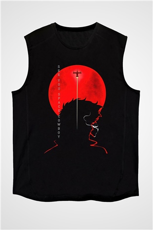Cowboy Bebop Baskılı Unisex Siyah Kolsuz Tişört - Tshirt