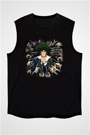 Cowboy Bebop Baskılı Unisex Siyah Kolsuz Tişört - Tshirt
