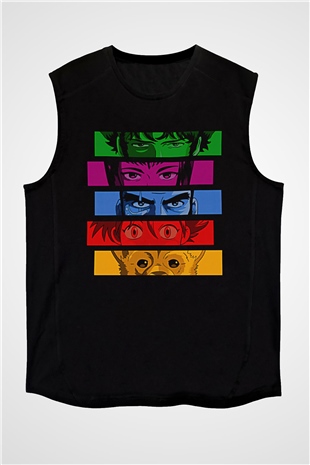 Cowboy Bebop Baskılı Unisex Siyah Kolsuz Tişört - Tshirt