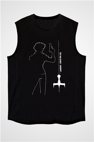 Cowboy Bebop Baskılı Unisex Siyah Kolsuz Tişört - Tshirt
