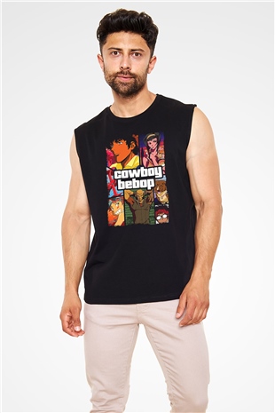 Cowboy Bebop Baskılı Unisex Siyah Kolsuz Tişört - Tshirt