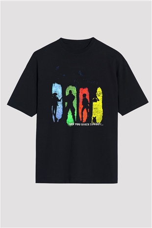 Cowboy Bebop Baskılı Unisex Siyah Oversize Tişört - Tshirt