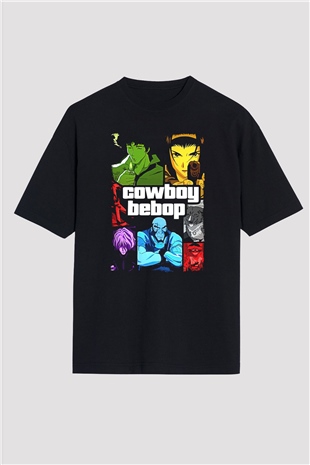 Cowboy Bebop Baskılı Unisex Siyah Oversize Tişört - Tshirt