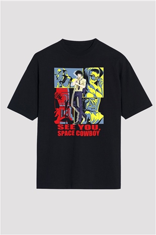 Cowboy Bebop Baskılı Unisex Siyah Oversize Tişört - Tshirt