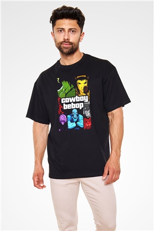 Cowboy Bebop Baskılı Unisex Siyah Oversize Tişört - Tshirt