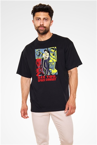 Cowboy Bebop Baskılı Unisex Siyah Oversize Tişört - Tshirt