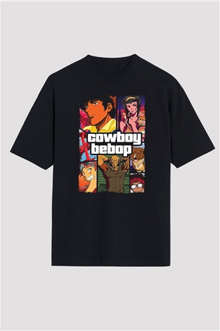 Cowboy Bebop Baskılı Unisex Siyah Oversize Tişört - Tshirt