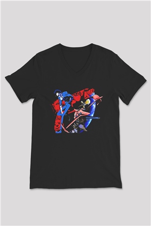 Cowboy Bebop Baskılı Unisex Siyah V Yaka Tişört - Tshirt