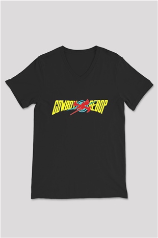 Cowboy Bebop Baskılı Unisex Siyah V Yaka Tişört - Tshirt