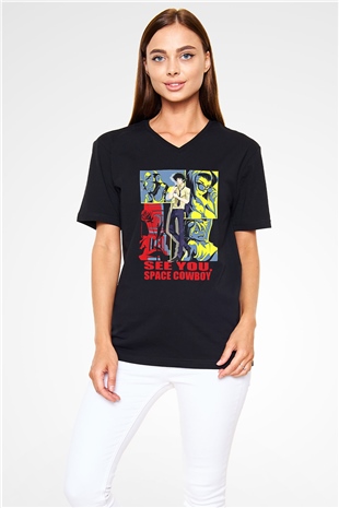 Cowboy Bebop Baskılı Unisex Siyah V Yaka Tişört - Tshirt