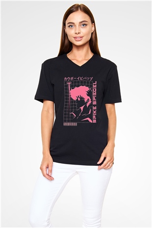 Cowboy Bebop Baskılı Unisex Siyah V Yaka Tişört - Tshirt