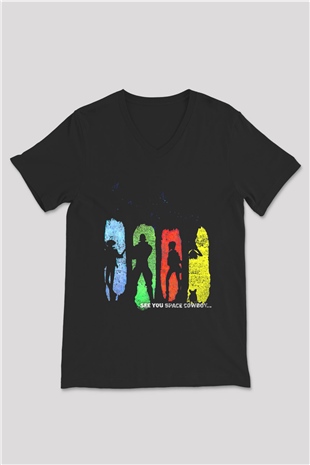 Cowboy Bebop Baskılı Unisex Siyah V Yaka Tişört - Tshirt