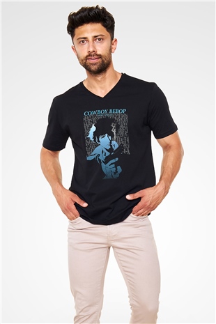 Cowboy Bebop Baskılı Unisex Siyah V Yaka Tişört - Tshirt