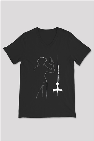 Cowboy Bebop Baskılı Unisex Siyah V Yaka Tişört - Tshirt