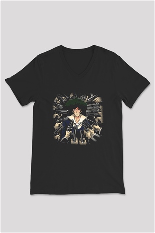Cowboy Bebop Baskılı Unisex Siyah V Yaka Tişört - Tshirt