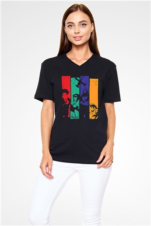 Cowboy Bebop Baskılı Unisex Siyah V Yaka Tişört - Tshirt