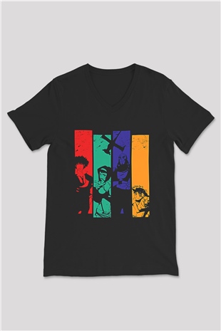 Cowboy Bebop Baskılı Unisex Siyah V Yaka Tişört - Tshirt