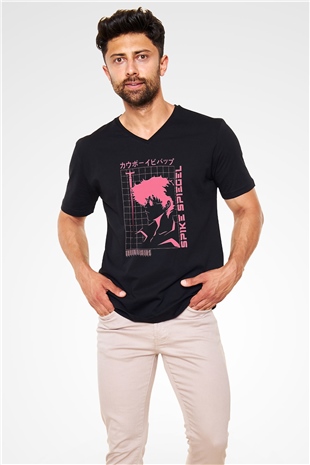 Cowboy Bebop Baskılı Unisex Siyah V Yaka Tişört - Tshirt