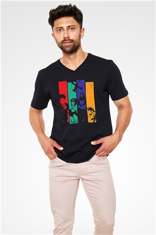 Cowboy Bebop Baskılı Unisex Siyah V Yaka Tişört - Tshirt