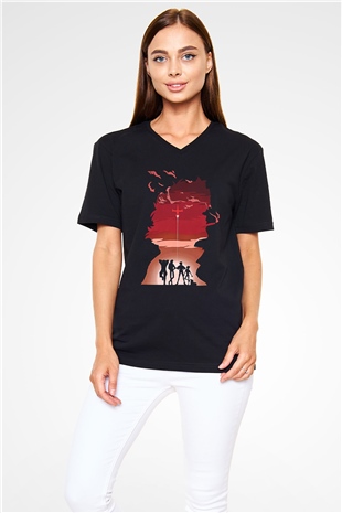 Cowboy Bebop Baskılı Unisex Siyah V Yaka Tişört - Tshirt