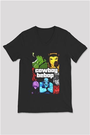 Cowboy Bebop Baskılı Unisex Siyah V Yaka Tişört - Tshirt
