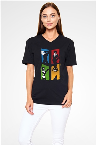 Cowboy Bebop Baskılı Unisex Siyah V Yaka Tişört - Tshirt