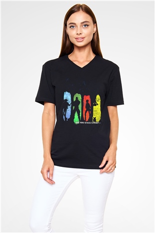 Cowboy Bebop Baskılı Unisex Siyah V Yaka Tişört - Tshirt