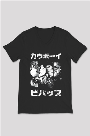 Cowboy Bebop Baskılı Unisex Siyah V Yaka Tişört - Tshirt