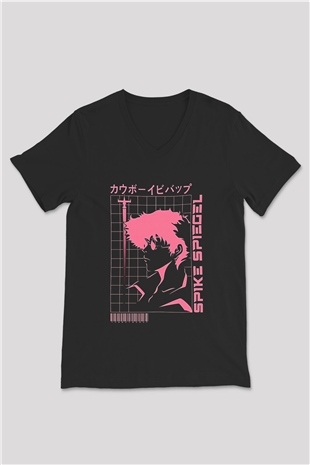 Cowboy Bebop Baskılı Unisex Siyah V Yaka Tişört - Tshirt