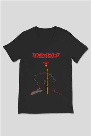 Cowboy Bebop Baskılı Unisex Siyah V Yaka Tişört - Tshirt