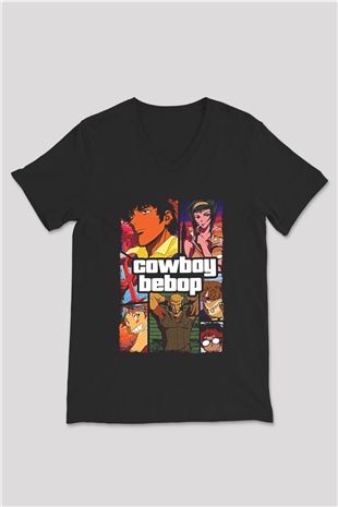 Cowboy Bebop Baskılı Unisex Siyah V Yaka Tişört - Tshirt