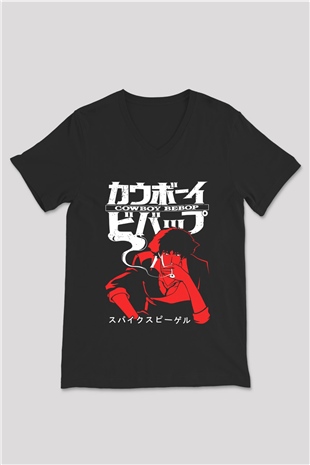 Cowboy Bebop Baskılı Unisex Siyah V Yaka Tişört - Tshirt