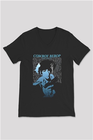 Cowboy Bebop Baskılı Unisex Siyah V Yaka Tişört - Tshirt