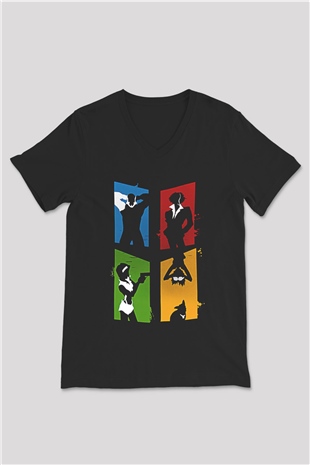 Cowboy Bebop Baskılı Unisex Siyah V Yaka Tişört - Tshirt