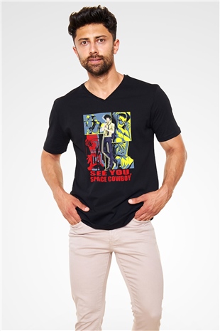 Cowboy Bebop Baskılı Unisex Siyah V Yaka Tişört - Tshirt