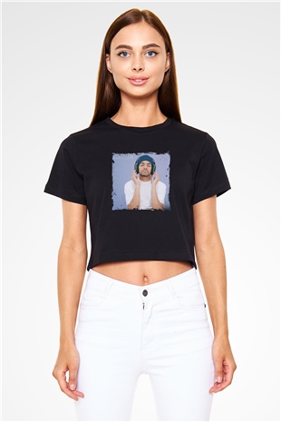 Craig David Baskılı Crop Top Siyah Kadın Tişört