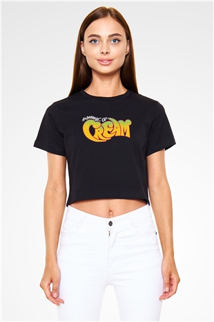 Cream Baskılı Siyah Crop Top Kadın Tişört - Tshirt