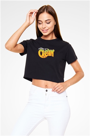 Cream Baskılı Siyah Crop Top Kadın Tişört - Tshirt
