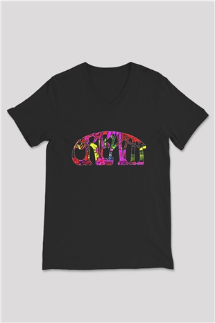 Cream Baskılı Unisex Siyah V Yaka Tişört - Tshirt