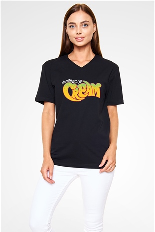 Cream Baskılı Unisex Siyah V Yaka Tişört - Tshirt